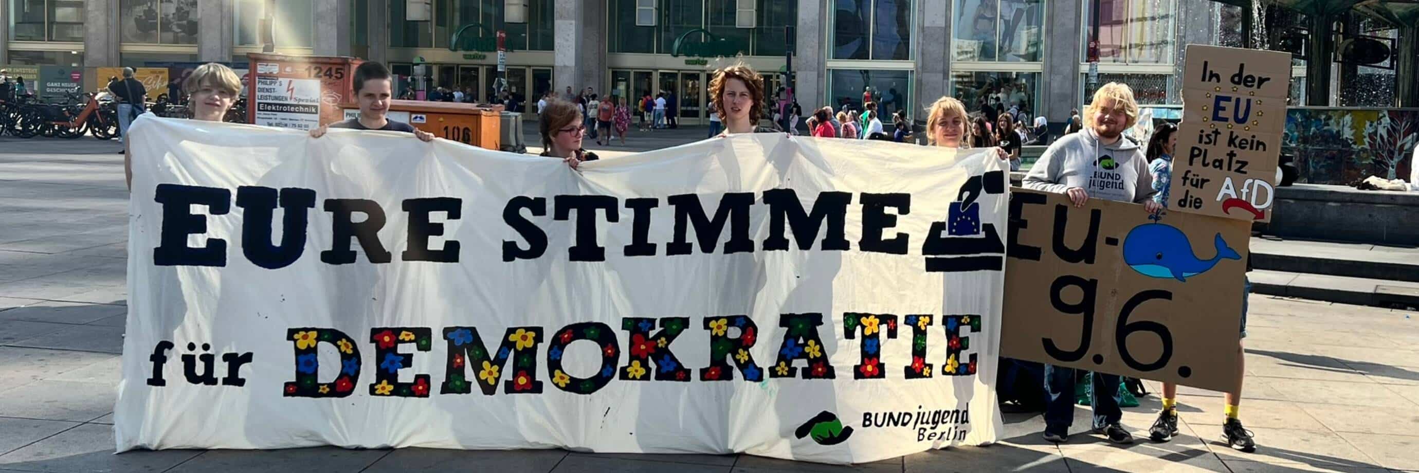 Demonstranten mit Bannern für Demokratie auf Stadtplatz.