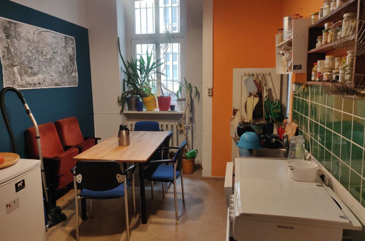 Gemütliche Küche mit Tisch und Pflanzen.