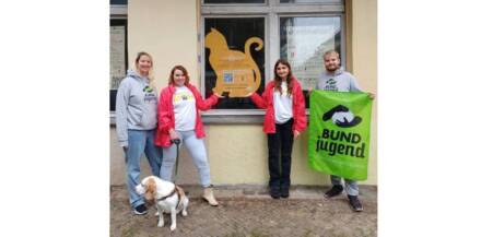 Vier Personen vor einem Fenster mit BUNDjugend-Banner und Katzensilhouette im Fenster.