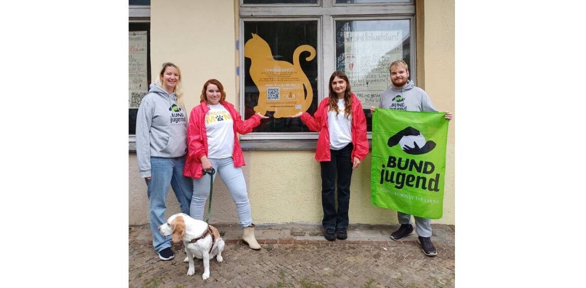 Vier Personen vor einem Fenster mit BUNDjugend-Banner und Katzensilhouette im Fenster