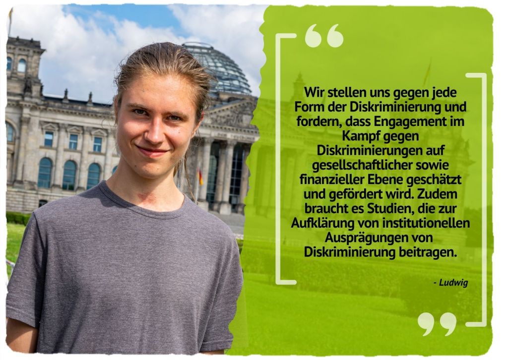 Wir stellen uns gegen jede Form der Diskriminierung und fordern, dass Engagement im Kampf gegen Diskriminierungen auf gesellschaftlicher sowie finanzieller Ebene geschätzt und gefördert wird. Zudem braucht es Studien, die zur Aufklärung von institutionellen Ausprägungen von Diskriminierung beitragen.