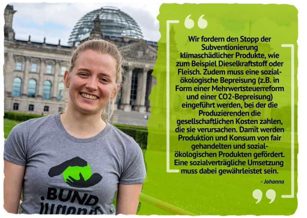 Wir fordern den Stopp der Subventionierung klimaschädlicher Produkte, wie zum Beispiel Dieselkraftstoff oder Fleisch. Zudem muss eine sozial-ökologische Bepreisung (z.B. in Form einer Mehrwertsteuerreform und einer CO2-Bepreisung) eingeführt werden, bei der die Produzierenden die gesellschaftlichen Kosten zahlen, die sie verursachen. Damit werden Produktion und Konsum von fair gehandelten sozial-ökologischen Produkten gefördert. Eine sozialverträgliche Umsetzung muss dabei gewährleistet sein. 